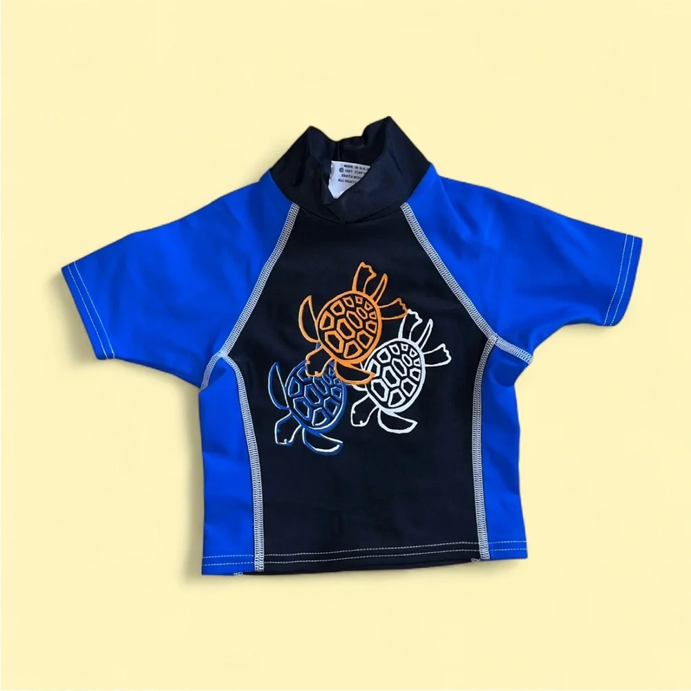 Flap Happy Kids UV 50 Y2K Blue Turtle Print Rash Guard Swim Top Size 12M